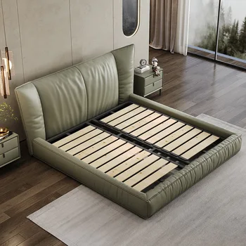 Natūralios odos lova miegamojo grand dvigulė lova italijos minimalistinio viršutinis sluoksnis karvės odos minimalistinio minkštas apyvarpės lova 1.8 * 2 man