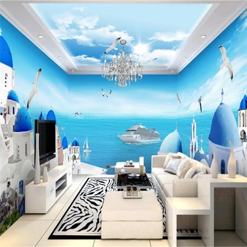 beibehang nuotrauką mėlynas dangus ir balti debesys Viduržemio jūros freskomis tapetai miegamajame, gyvenamasis kambarys su sofa-lova, TV foną, 3d tapetų