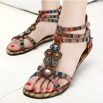 2016 m. vasaros dizaineris gladiatorių sandalai moterims, kalnų krištolas duobute sandalias Bohemiškas stilius siauros juostos sandalai spausdinti ponios batai