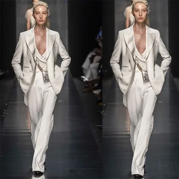Dizaineris Satino Moterims, Kelnės, Kostiumai Nustatomas Custom Made 3 Vnt. Balta Oficialų Atvartas Office Lady Šalies Prom Sławna Dress