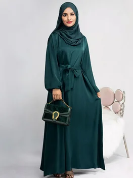 Musulmonų Moterų Suknelė Ilgomis Rankovėmis Ramadanas Eid Dubajus Abayas Satino Islamo Drabužiai Hijab Skraiste Turkija Paprastas Kuklus, Komplektai, Kaftan