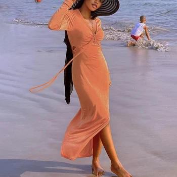 Vasaros Drabužių Moterų Paplūdimio Maudymosi Kostiumėlį, Laisvalaikio Suknelė Naują 2023 Žiemos Seksualus Kaklo Gryna Spalva Padalinta Kietas Medvilnės Maudymosi Kostiumą Dangtis