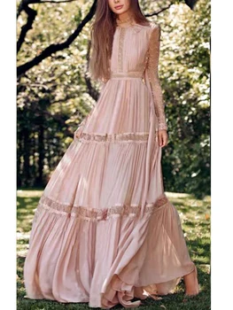 Moterų High Street Vintage Mados Atsitiktinis Šalies Elegantiškas Nėrinių ilgomis Rankovėmis Midi Suknelė Dizaineris Pavasarį, Rudenį Nauji Aukštos Kokybės