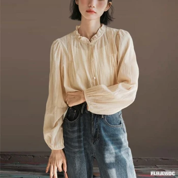 Elegantiškos Korėja Viršūnes Blusas Moterų 2023 Naujas Dizainas, Vientisa Spalva Raukiniai, Palaidinės, Japonija Merginos Preppy Stiliaus Retro Vintage Marškinėliai