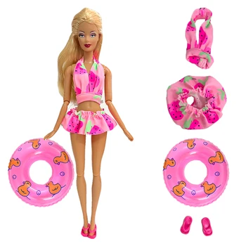Mados Rožinis maudymosi kostiumėlis Beach Party Dėvėti Bikini Viršūnes, Kelnės, maudymosi Kostiumėliai, + Mielas Plaukti Žiedas +Batai Drabužius Barbie Lėlės Priedai