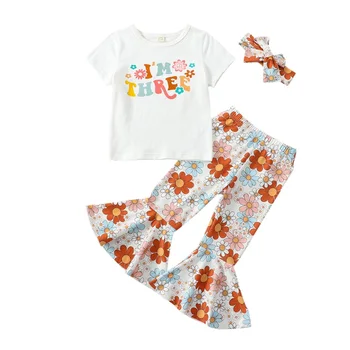 Bmnmsl Vaikams Baby Girl Vasaros Komplektai, Raidė Gėlių Spausdinti Viršūnes + Flare Kelnės + Lankelis Rinkinys