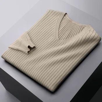 Aukštos klasės prabangos vientisos spalvos V-kaklo džemperis vyrams rudenį ir žiemą, naujas stilius paprastas gpm juostelės šiltas mezgimo megztinis vyrams
