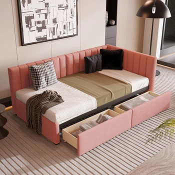 Klasikinis Dizaino Minkštų Daybed su 2 Saugojimo Stalčiai dviejų Dydis Sofa-Lova Rėmo Nr. Langelį Pavasarį Reikia, Lininis Audinys (Pink)