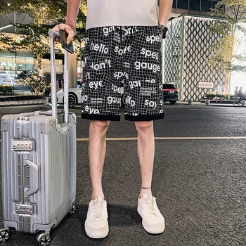 Harajuku Streetwear Letter Spausdinimo Atsitiktinis Vasaros vyriški Šortai Derliaus Pločio Kojų Spliced Hip-Hop Kelio trumpas Kelnes