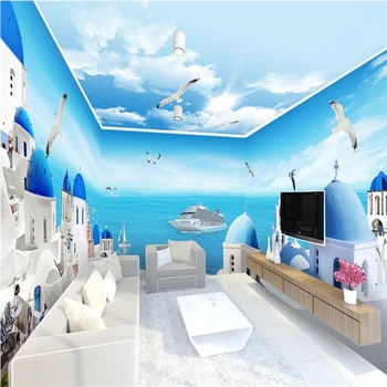 beibehang nuotrauką mėlynas dangus ir balti debesys Viduržemio jūros freskomis tapetai miegamajame, gyvenamasis kambarys su sofa-lova, TV foną, 3d tapetų