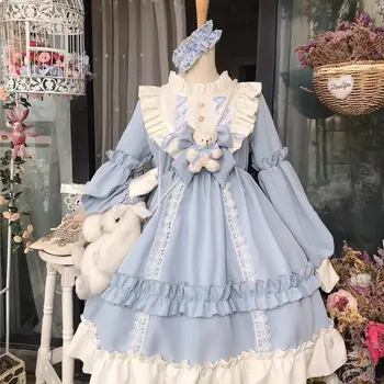 Japonijos Gothic Lolita Dress Moterų Kawaii Lankas Lokys Nėrinių Mėlyna Ilgomis Rankovėmis Suknelė Princesė Dress Helovinas Kostiumas Mergaitėms Dovanų