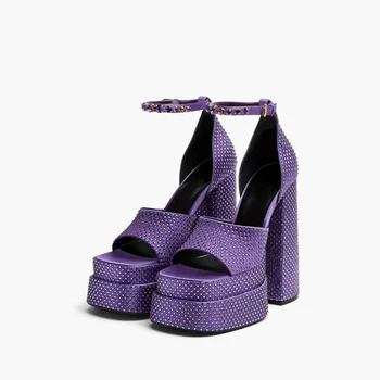 Bling Bling Kristalų Stambusis Aukštakulnius Sandalus Violetinė Juoda Satino Aikštėje Kojų Čiurnos Dirželis Šalis Suknelė Bateliai Išpjovos Vasaros Sandalai batų