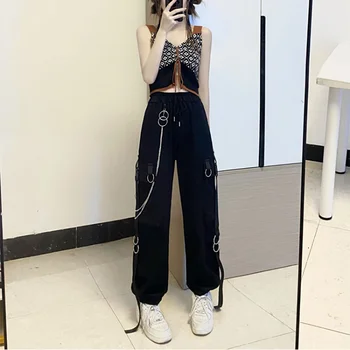 Korėjos Mados Streetwear Kišenėje Grandinės Kratinys Tvarstis Moterų Kelnes Prarasti Slim Y2k Estetinės Atsitiktinis Kelnės Tiesios Pantalons