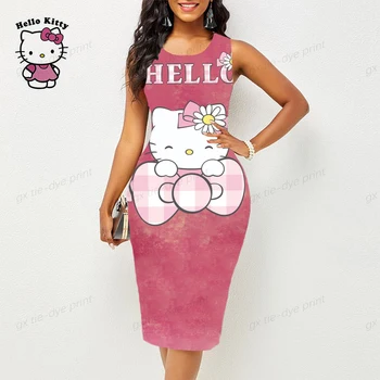 Hello Kitty Spausdinti Seksualus sijonas Moterų Mažos Krūtinės Suknelė, be Rankovių Atvira nugara Seksualus Stora Slim Fit Suknelė, Tampri, Bodycon Drabužiai
