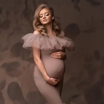 Tiulio Undinė Motinystės Suknelė Photoshoot nuo Peties Nėščiųjų Fotografijos Suknelės Babyshower Chalatai už Fotos