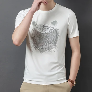 2022 m. Vasarą Mens T-shirts Prabangūs Blizgančiais Metalo Tigras Trumpas Rankovės vientisos Spalvos Atsitiktinis Vyras marškinėliai Apvalios Apykaklės Paprastas Žmogus Tees