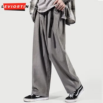 Japonijos Vertikalus Velvetas Pants Mens Vientisos Spalvos Tiesios Kojos Kelnės Hip-Hop Sagtis Raišteliu Universalus Harlan Kelnės