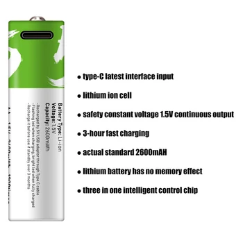 Didelė talpa 1,5 V AA 2600 mWh USB li-ion baterija nuotolinio valdymo pelės mažas ventiliatoriaus Elektros žaislas baterija + Kabelis