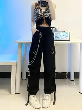 Korėjos Mados Streetwear Kišenėje Grandinės Kratinys Tvarstis Moterų Kelnes Prarasti Slim Y2k Estetinės Atsitiktinis Kelnės Tiesios Pantalons