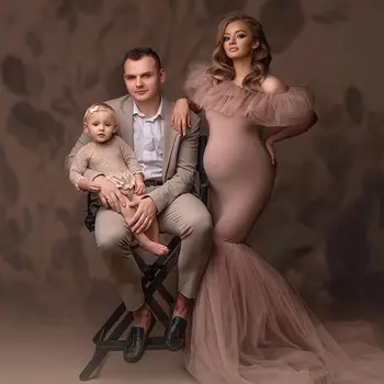 Tiulio Undinė Motinystės Suknelė Photoshoot nuo Peties Nėščiųjų Fotografijos Suknelės Babyshower Chalatai už Fotos