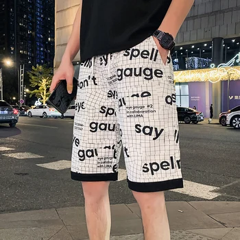 Harajuku Streetwear Letter Spausdinimo Atsitiktinis Vasaros vyriški Šortai Derliaus Pločio Kojų Spliced Hip-Hop Kelio trumpas Kelnes