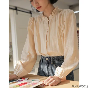 Elegantiškos Korėja Viršūnes Blusas Moterų 2023 Naujas Dizainas, Vientisa Spalva Raukiniai, Palaidinės, Japonija Merginos Preppy Stiliaus Retro Vintage Marškinėliai