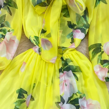 Clothland Moterims, Elegantiška Geltona Chiffion Suknelė Trijų Ketvirtį Rankovės, Užtrauktuku Linijos Vasaros Chic 
