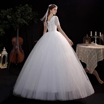 [Nuotakos Vestuvių Suknelė] Gamyklos Didmeninė Baltos V-kaklo Vestuvių Suknelė prancūzijos Vestuvių Suknelė Paprasta ir Plonas Bridal Vestuvinė Suknelė