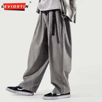 Japonijos Vertikalus Velvetas Pants Mens Vientisos Spalvos Tiesios Kojos Kelnės Hip-Hop Sagtis Raišteliu Universalus Harlan Kelnės