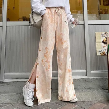 Kaklaraištis Dažų Spausdinti Harajuku Y2k Streetwear Splitas Tiesiai Pločio Kojų Kelnės Moterims Mados Atsitiktinis Baggy Raišteliu Kišenėje Mygtuką Kelnės