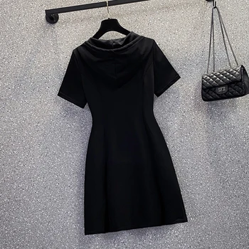 2023 Rausvos Spalvos, Trumpomis Rankovėmis Su Gobtuvu Mini Suknelė Moterims Naujos Black Mados Casaul Šalies Vestidos Vasaros Korėjos Kietas Elegantiškas Bodycon Suknelė