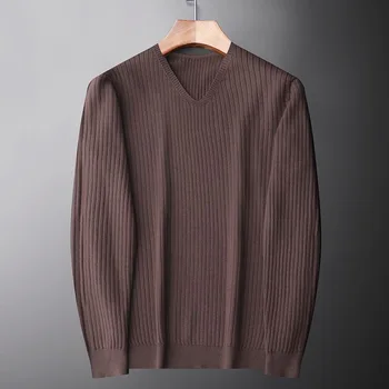 Aukštos klasės prabangos vientisos spalvos V-kaklo džemperis vyrams rudenį ir žiemą, naujas stilius paprastas gpm juostelės šiltas mezgimo megztinis vyrams